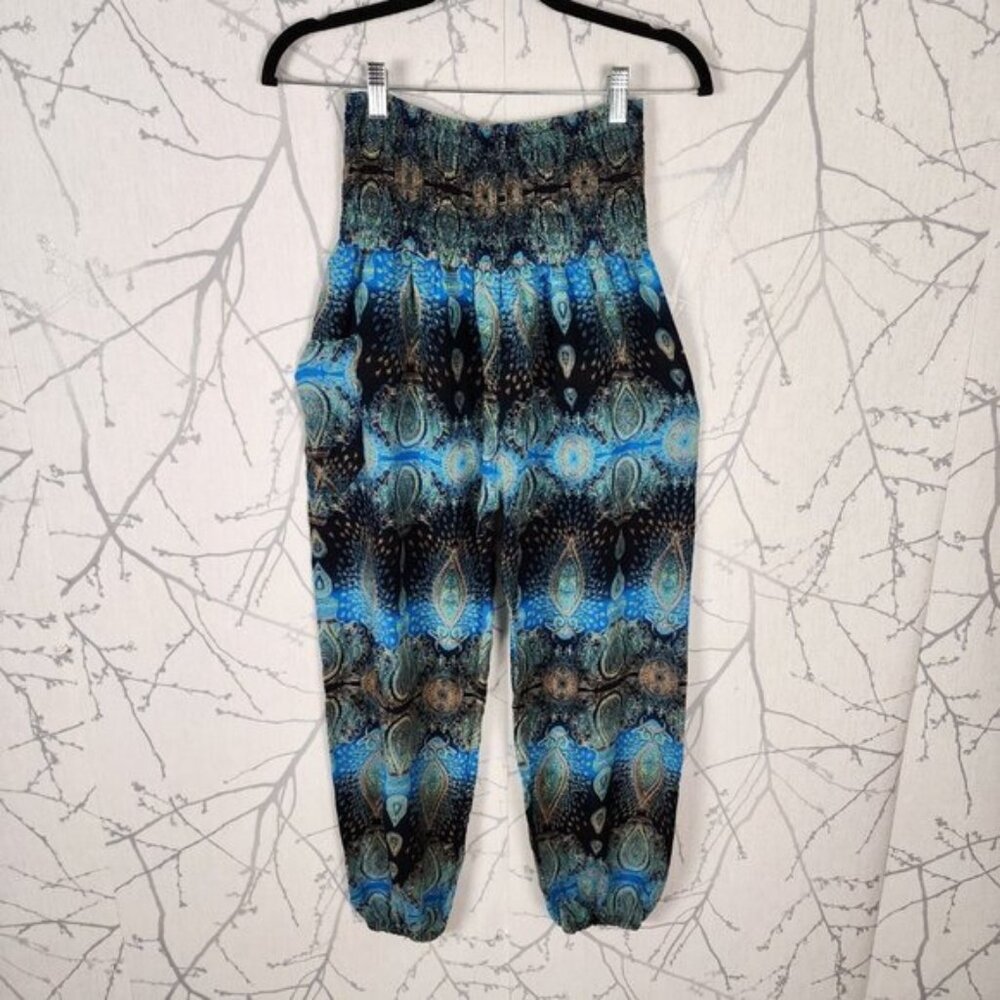 Artsy Paisley Printed Pull On High Waist Smocked Harem Pants